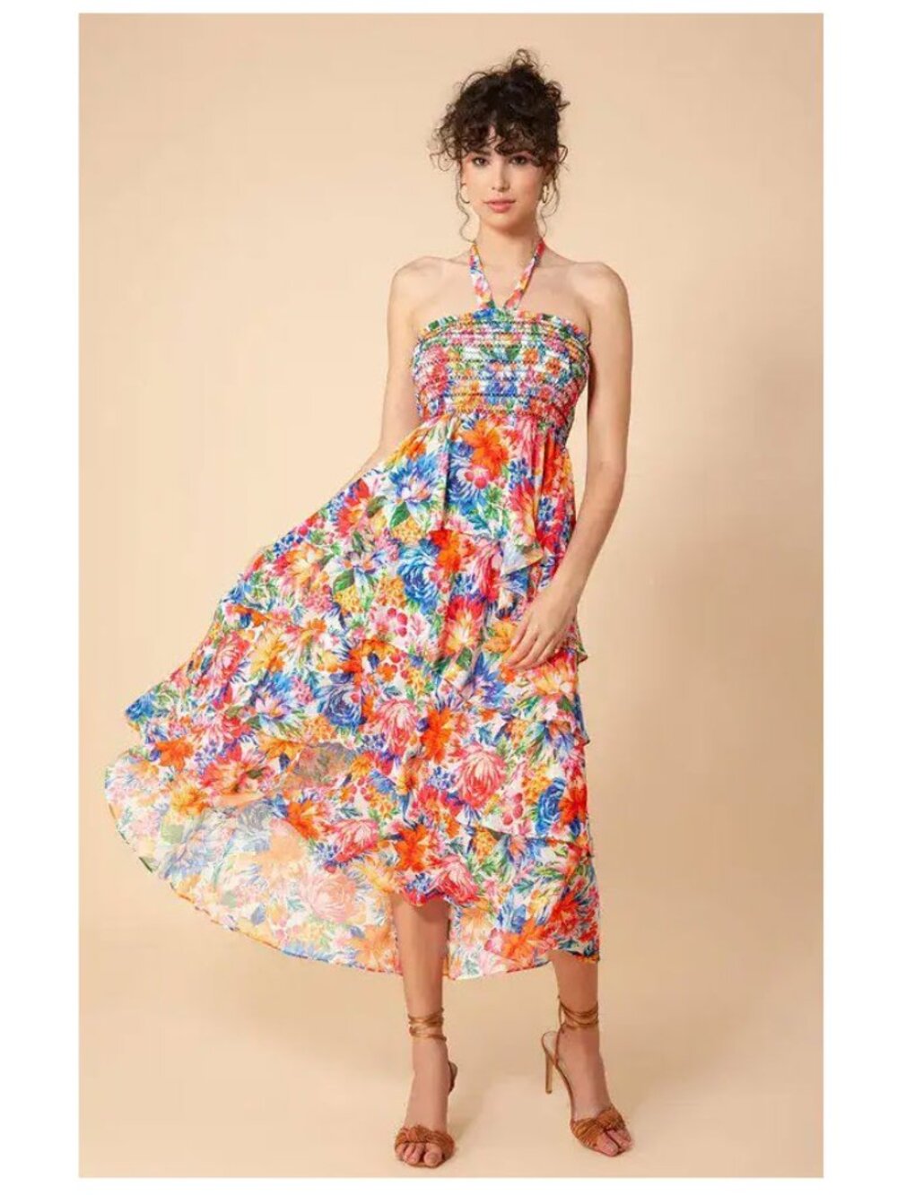 Hale Bob Corine Smocked Halter Dress Sz L